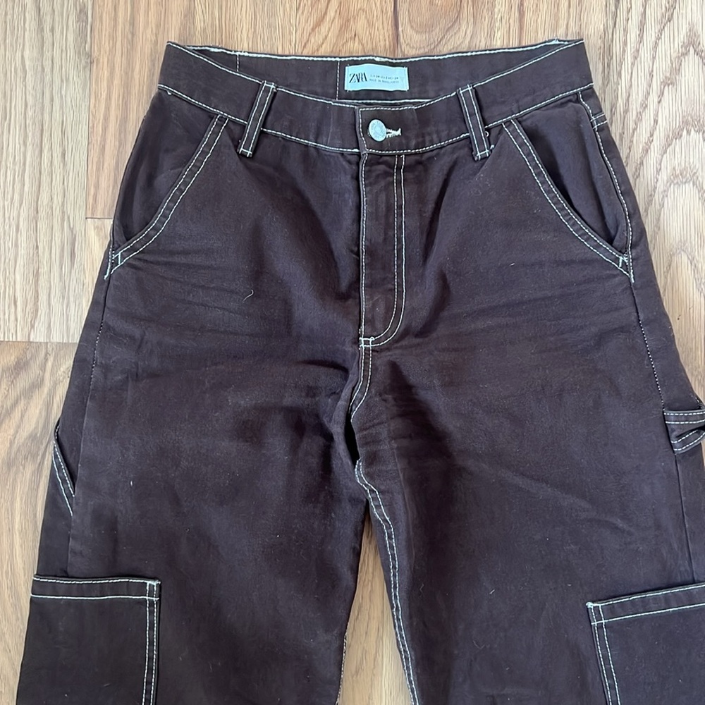 Zara - brown contrast stitch cargo pants - size 2 - 100% cotton - Picture 2 of 9